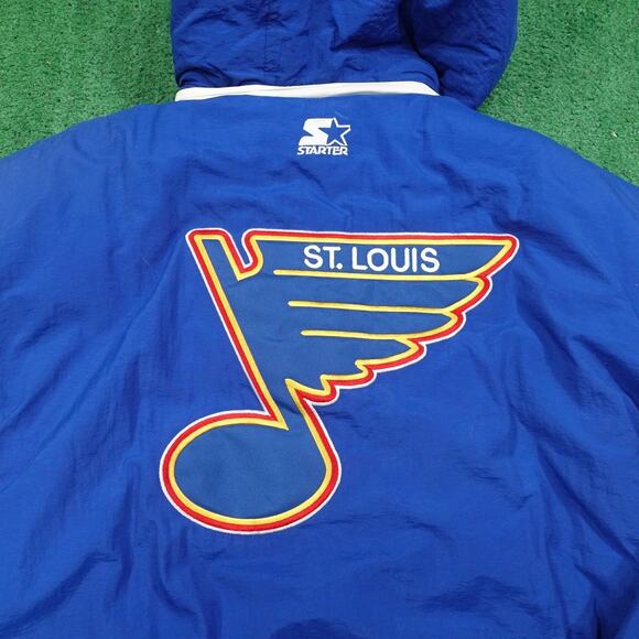 Vintage St. Louis Blues Jacket Mens XL Blue PUFFER NHL Hockey Starter Hooded 90s - Picture 2 of 12